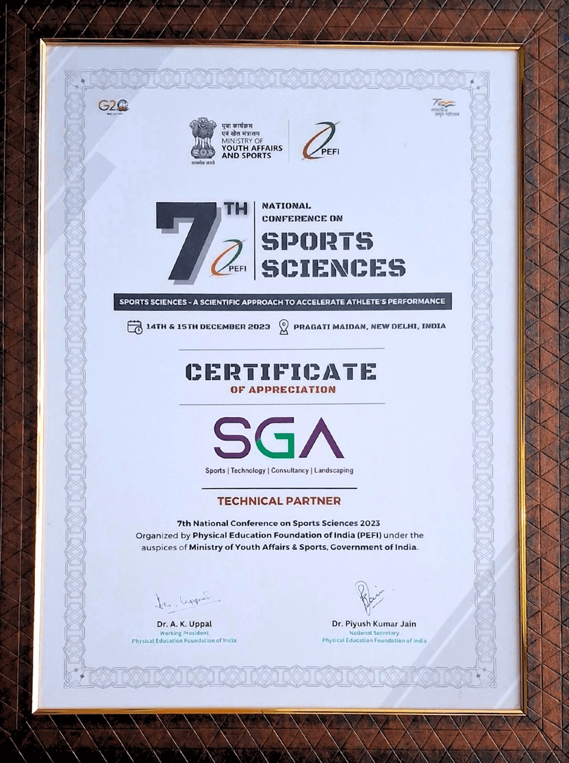 Certificate of Appreciation - SGA as Technical Partner for 7th National Conference on Sports Sciences 2023, organized by PEFI under Ministry of Youth Affairs & Sports, Government of India